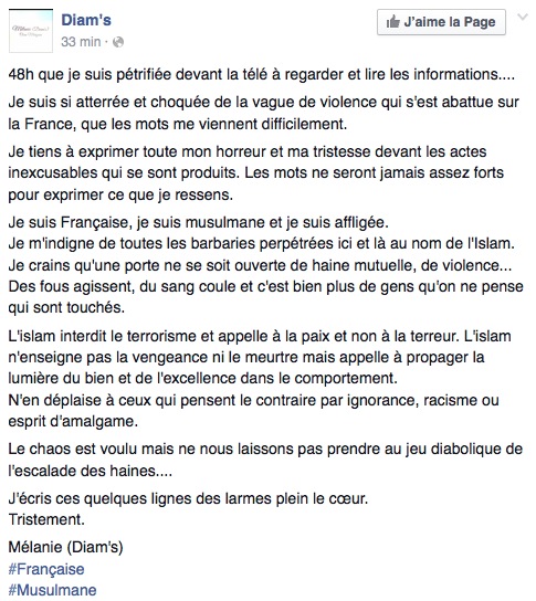 Diam's : Je m'indigne des barbaries perpétrées au nom de l'Islam
