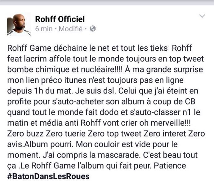 Rohff, la pré-commande de son album retardée alors que Booba N°1 sur Itunes