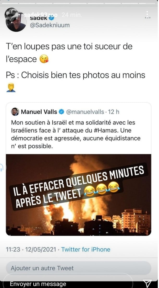 Sadek insulte Manuel Valls pour son soutien à Israël