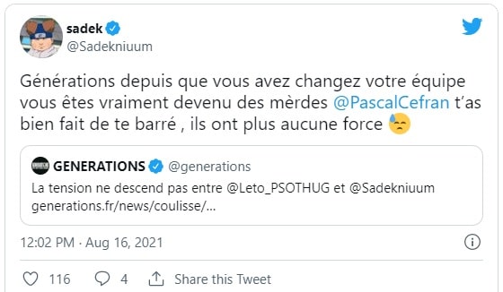 Sadek tacle le média Générations sur son conflit avec Leto