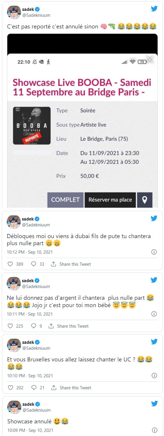 Booba : son concert Parisien annulé, Sadek menace tous ses showcases