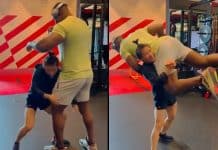 Francis Ngannou se fait soulever par une combattante de 52 kg