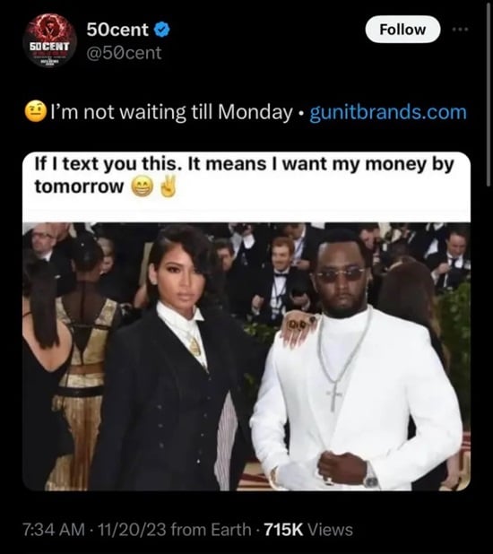 50 Cent rigole du scandale sordide de Diddy et Cassie
