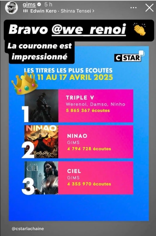 Gims détrôné par Werenoi, il lui adresse un message