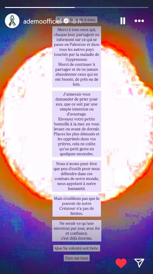 Ademo adresse un message poignant sur Gaza relayé par NOS